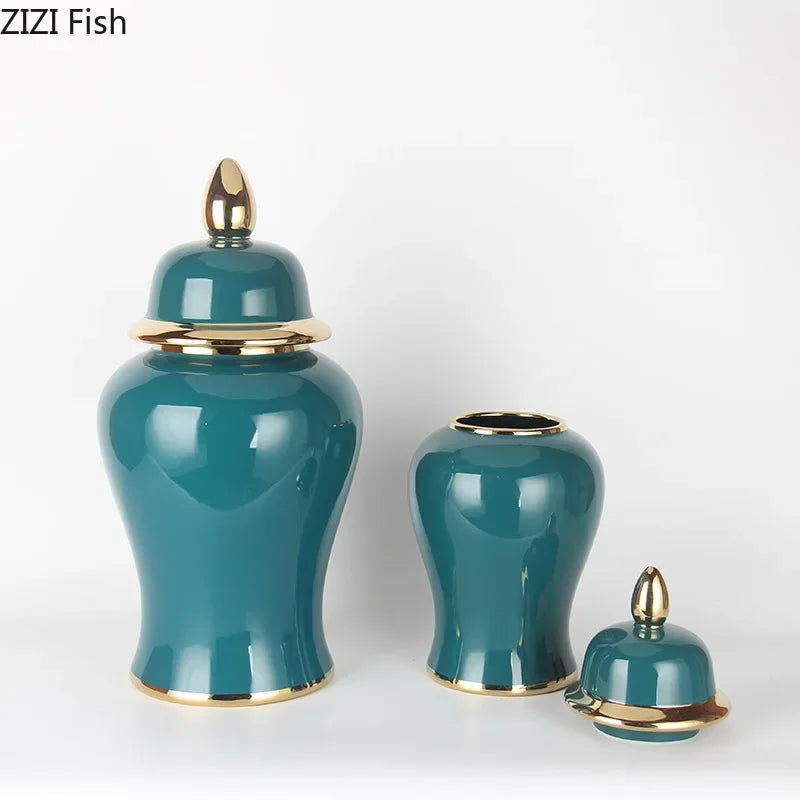 Gold Plated Green Storage Jar High Capacity Ceramic General Jar Desk Decoration Cosmetic Container Decorative Flower Arrangement - Grand Goldman