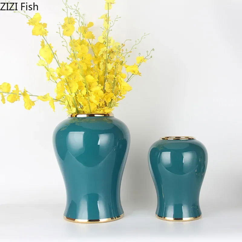 Gold Plated Green Storage Jar High Capacity Ceramic General Jar Desk Decoration Cosmetic Container Decorative Flower Arrangement - Grand Goldman