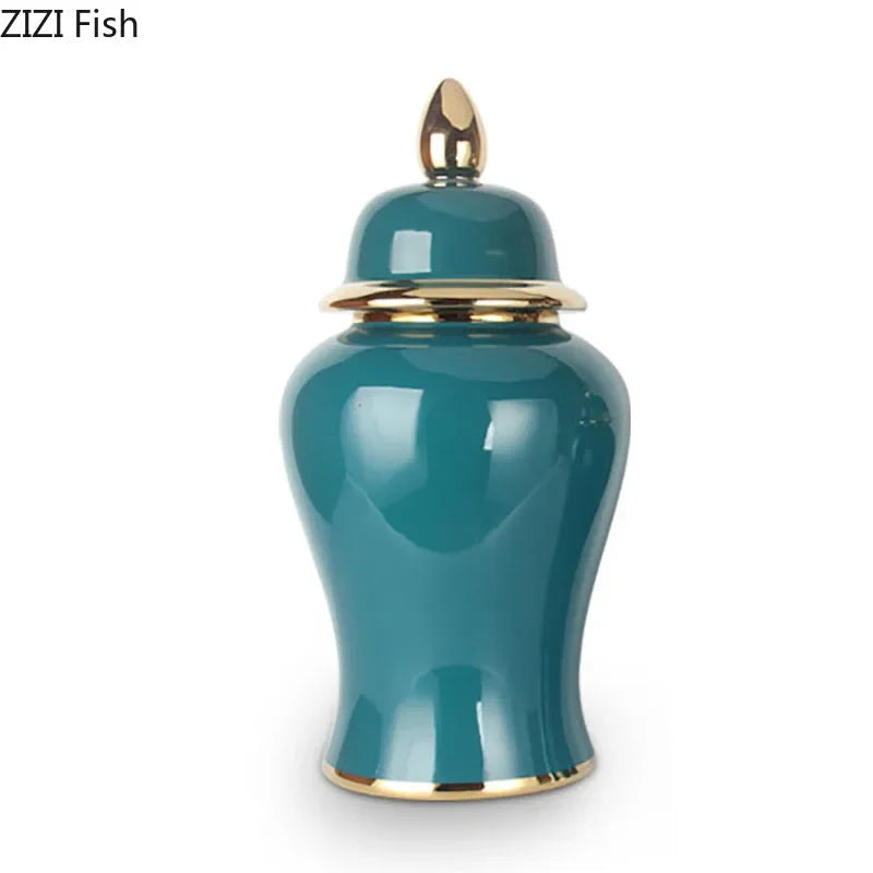 Gold Plated Green Storage Jar High Capacity Ceramic General Jar Desk Decoration Cosmetic Container Decorative Flower Arrangement - Grand Goldman