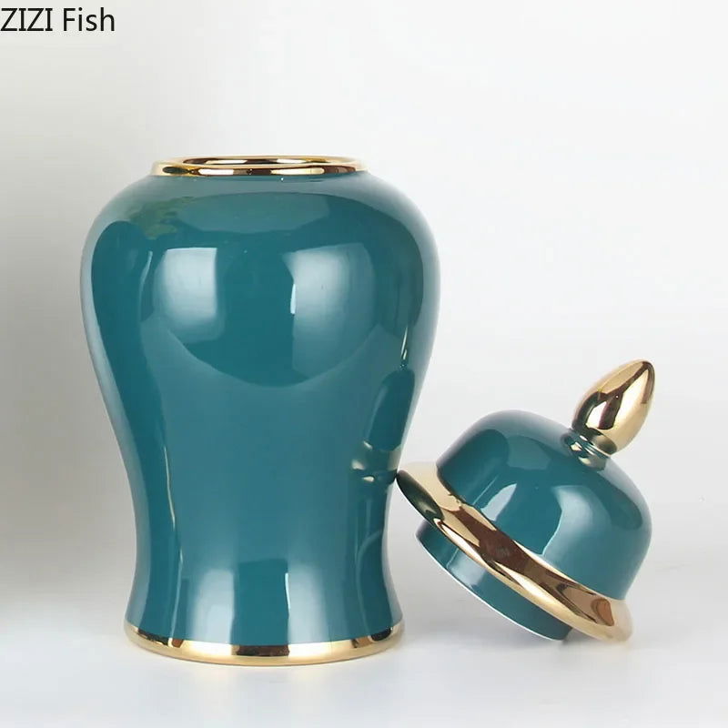 Gold Plated Green Storage Jar High Capacity Ceramic General Jar Desk Decoration Cosmetic Container Decorative Flower Arrangement - Grand Goldman