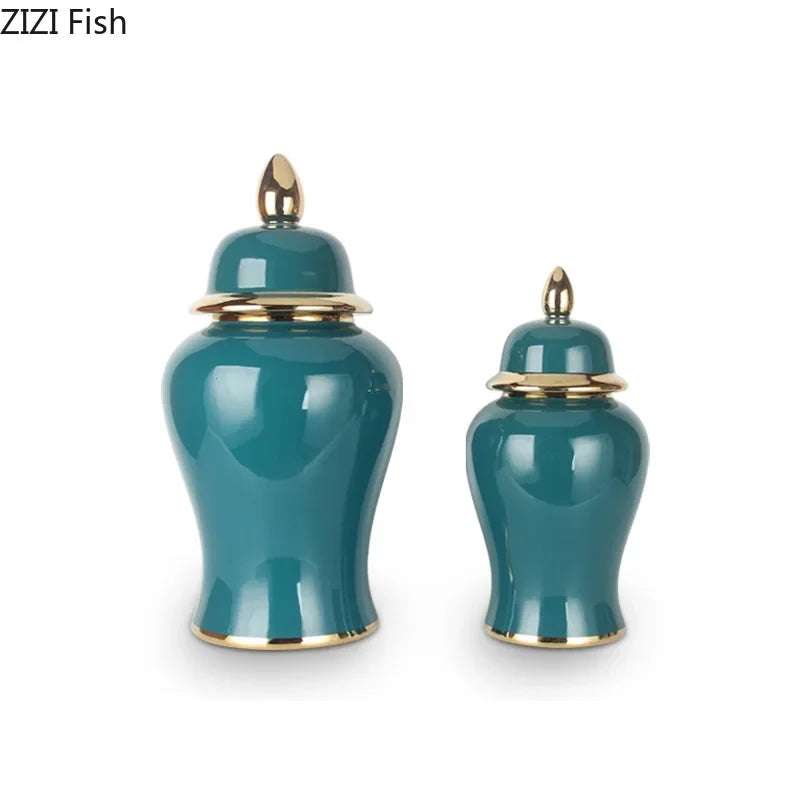 Gold Plated Green Storage Jar High Capacity Ceramic General Jar Desk Decoration Cosmetic Container Decorative Flower Arrangement - Grand Goldman