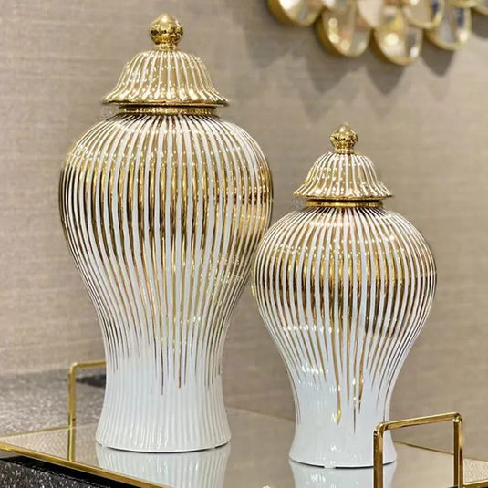 Gold Striped Ceramic Pot General Bottle Ginger Jar Hand-made Ceramic Bottle Porcelain Artifact Vase Storage Tank Home Decoration - Grand Goldman