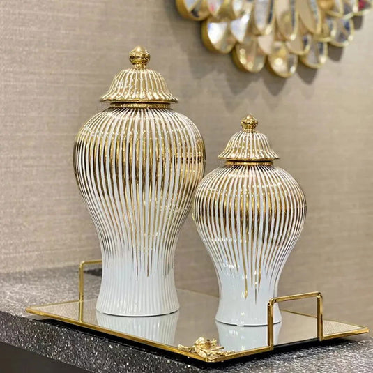 Gold Striped Ceramic Pot General Bottle Ginger Jar Hand-made Ceramic Bottle Porcelain Artifact Vase Storage Tank Home Decoration - Grand Goldman