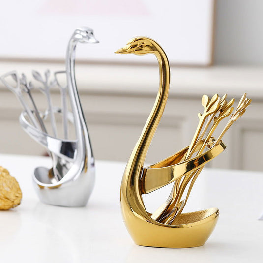 Gold Swan Elegant Utensils Set & Holder Fashion Nordic Leaf Fruit Fork Coffee Spoon - Grand Goldman