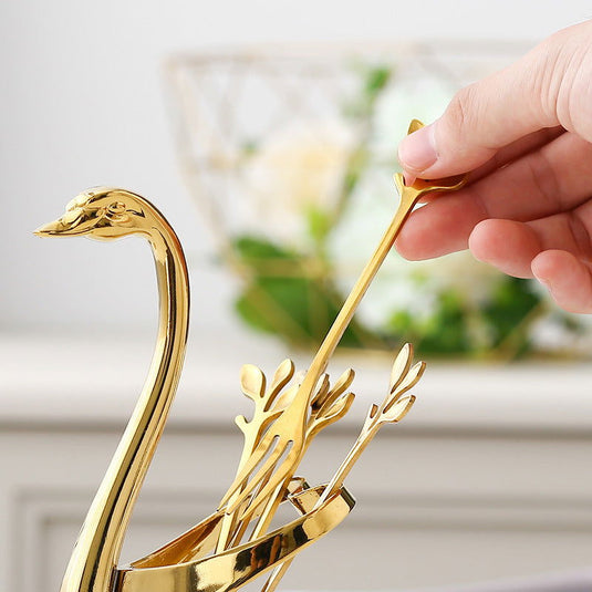 Gold Swan Elegant Utensils Set & Holder Fashion Nordic Leaf Fruit Fork Coffee Spoon - Grand Goldman