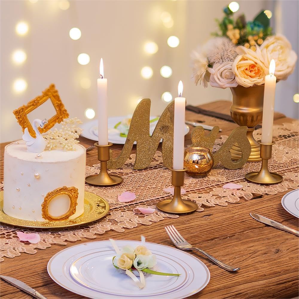 Gold Taper Candle Holder Set of 2, Hewory Short Skinny Brass Candlestick Holders, Vintage Small Low Metal Candles Sticks for Wedding Centerpieces Christmas Birthday Party Holiday Dinning Table Decor - Grand Goldman