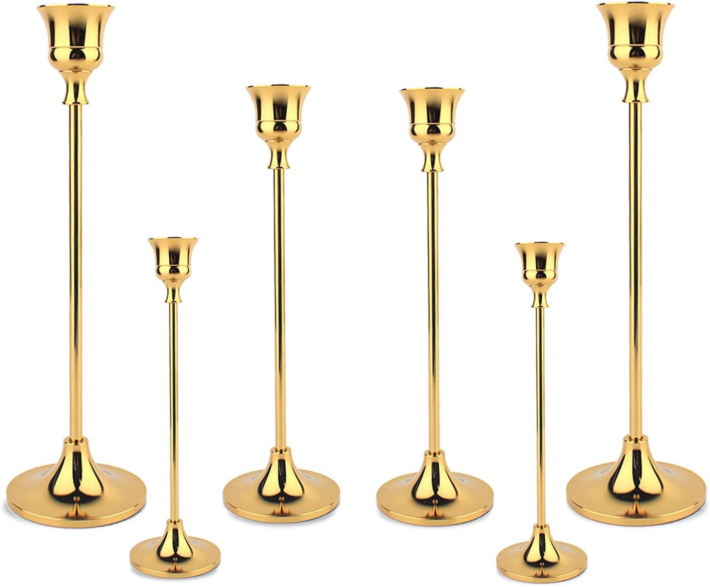 Gold Taper Candle Holder Set of 6, Brass Gold Tall Candlestick Holders, Metal Vintage Candle Stickers Long Holder Set, Pillar Decorative Candle Holder Fits 3/4 Inch Candle - Grand Goldman