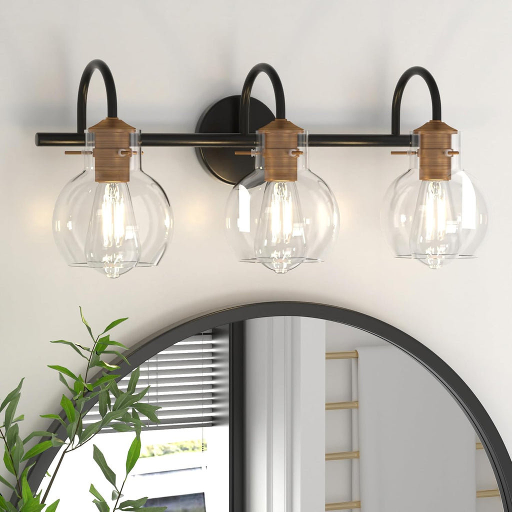 Gold Vanity Light, 3 Light Bathroom Light Fixtures, Modern Bathroom Vanity Lights Fixtures Over Mirror with Clear Globe Glass Shade, Gold Wall Sconces for Bathroom Hallway, E26 Base - Grand Goldman