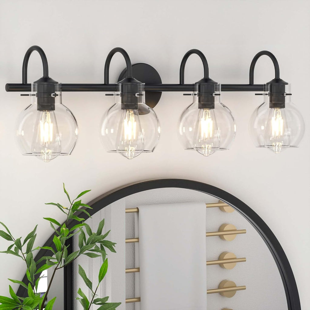 Gold Vanity Light, 3 Light Bathroom Light Fixtures, Modern Bathroom Vanity Lights Fixtures Over Mirror with Clear Globe Glass Shade, Gold Wall Sconces for Bathroom Hallway, E26 Base - Grand Goldman