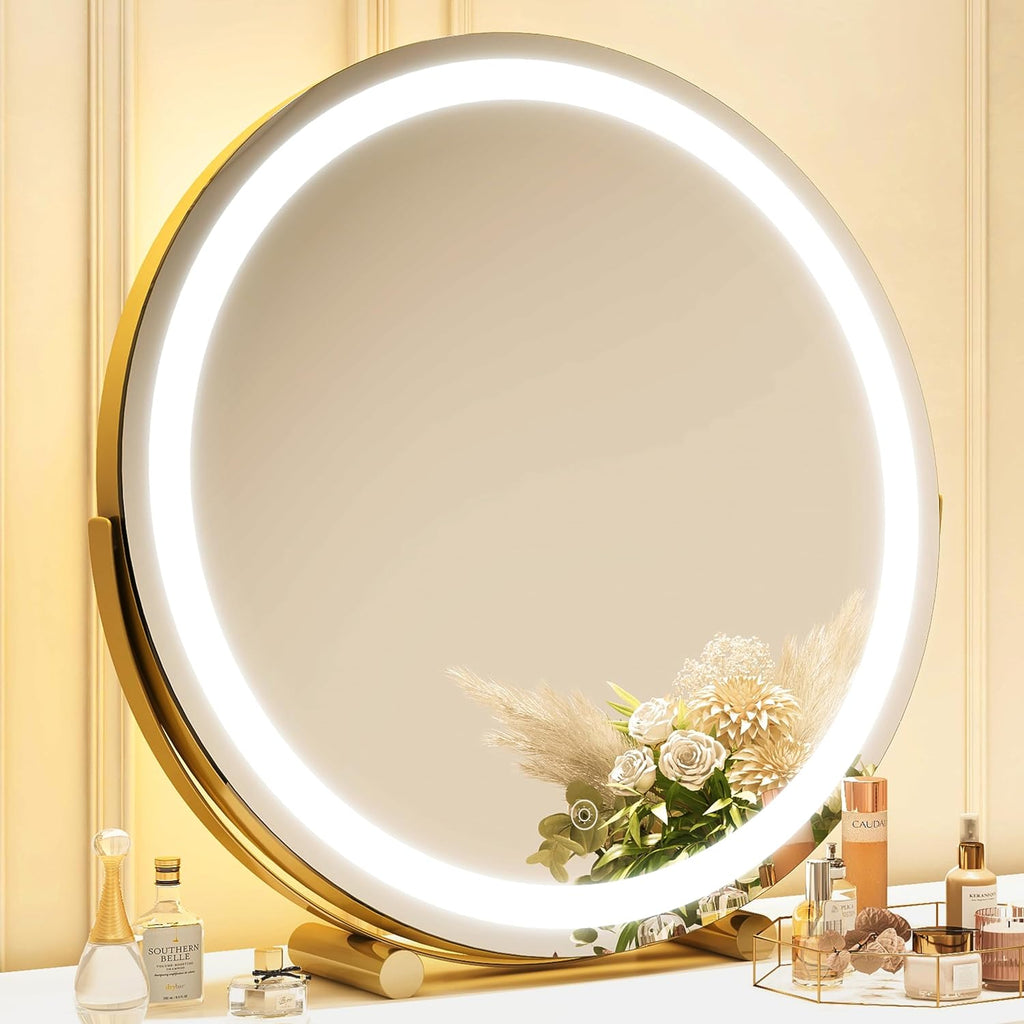 Gold Vanity Mirror, 12 Inch Makeup Mirror with Lights, Large Lighted Vanity Mirror, Light Up Mirror with Smart Touch 3 Colors Dimmable, Tabletop Mirror, 360° Rotation - Grand Goldman