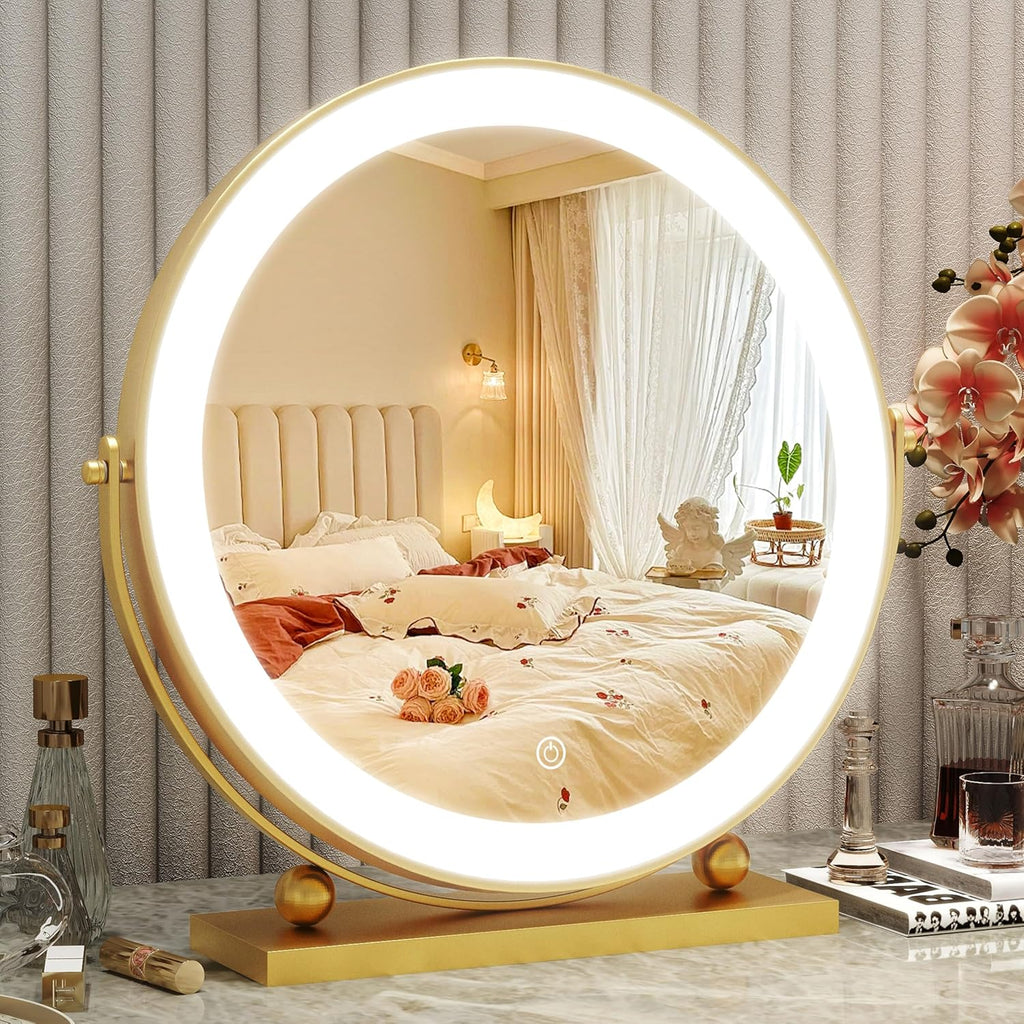 Gold Vanity Mirror, 12 Inch Makeup Mirror with Lights, Large Lighted Vanity Mirror, Light Up Mirror with Smart Touch 3 Colors Dimmable, Tabletop Mirror, 360° Rotation - Grand Goldman
