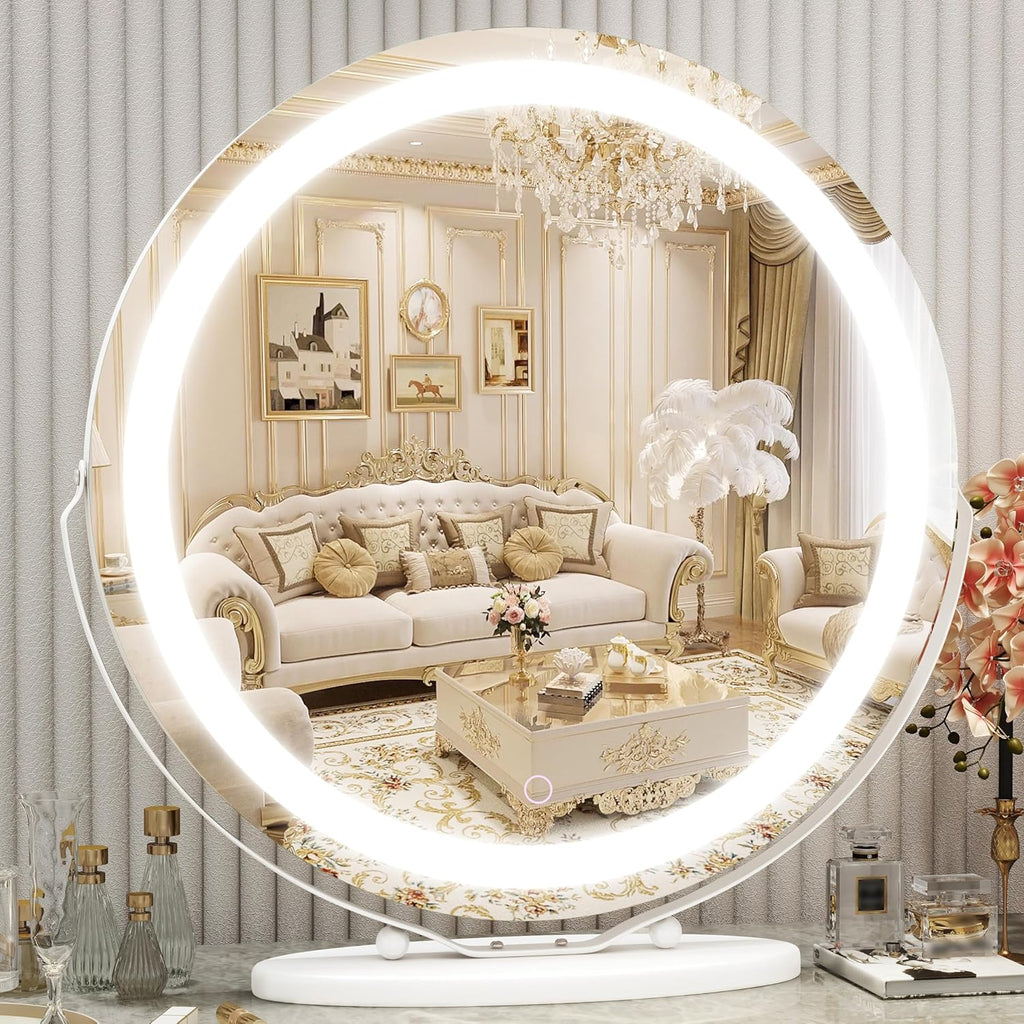 Gold Vanity Mirror, 12 Inch Makeup Mirror with Lights, Large Lighted Vanity Mirror, Light Up Mirror with Smart Touch 3 Colors Dimmable, Tabletop Mirror, 360° Rotation - Grand Goldman