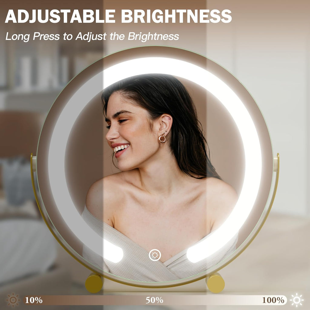 Gold Vanity Mirror, 12 Inch Makeup Mirror with Lights, Large Lighted Vanity Mirror, Light Up Mirror with Smart Touch 3 Colors Dimmable, Tabletop Mirror, 360° Rotation - Grand Goldman