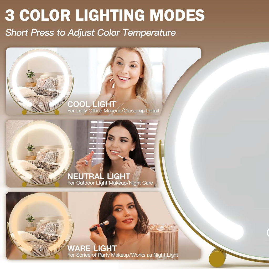 Gold Vanity Mirror, 12 Inch Makeup Mirror with Lights, Large Lighted Vanity Mirror, Light Up Mirror with Smart Touch 3 Colors Dimmable, Tabletop Mirror, 360° Rotation - Grand Goldman
