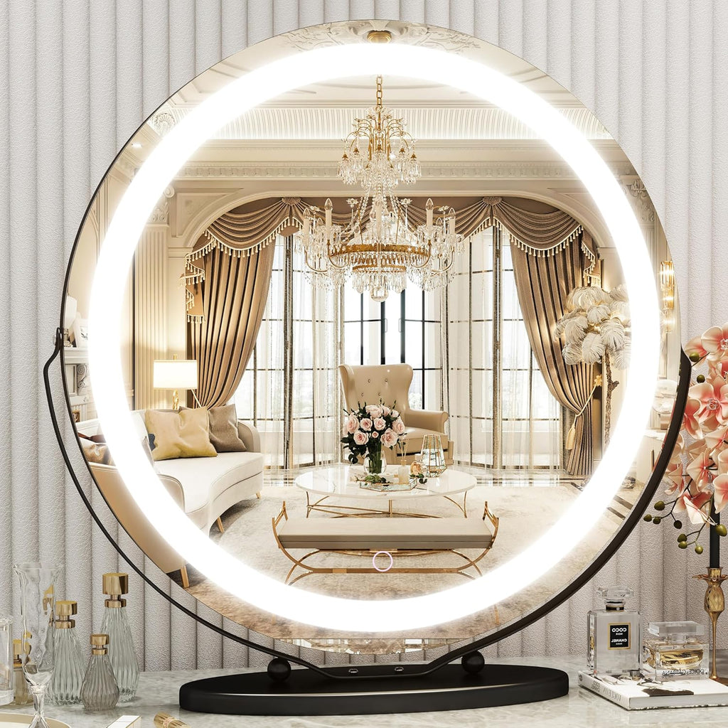 Gold Vanity Mirror, 12 Inch Makeup Mirror with Lights, Large Lighted Vanity Mirror, Light Up Mirror with Smart Touch 3 Colors Dimmable, Tabletop Mirror, 360° Rotation - Grand Goldman