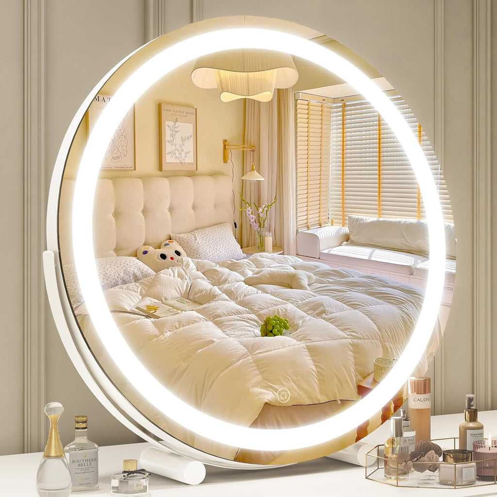 Gold Vanity Mirror, 12 Inch Makeup Mirror with Lights, Large Lighted Vanity Mirror, Light Up Mirror with Smart Touch 3 Colors Dimmable, Tabletop Mirror, 360° Rotation - Grand Goldman