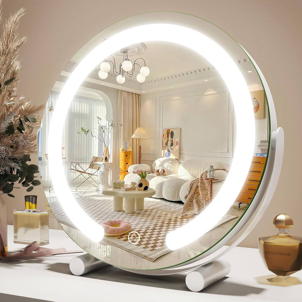 Gold Vanity Mirror, 12 Inch Makeup Mirror with Lights, Large Lighted Vanity Mirror, Light Up Mirror with Smart Touch 3 Colors Dimmable, Tabletop Mirror, 360° Rotation - Grand Goldman