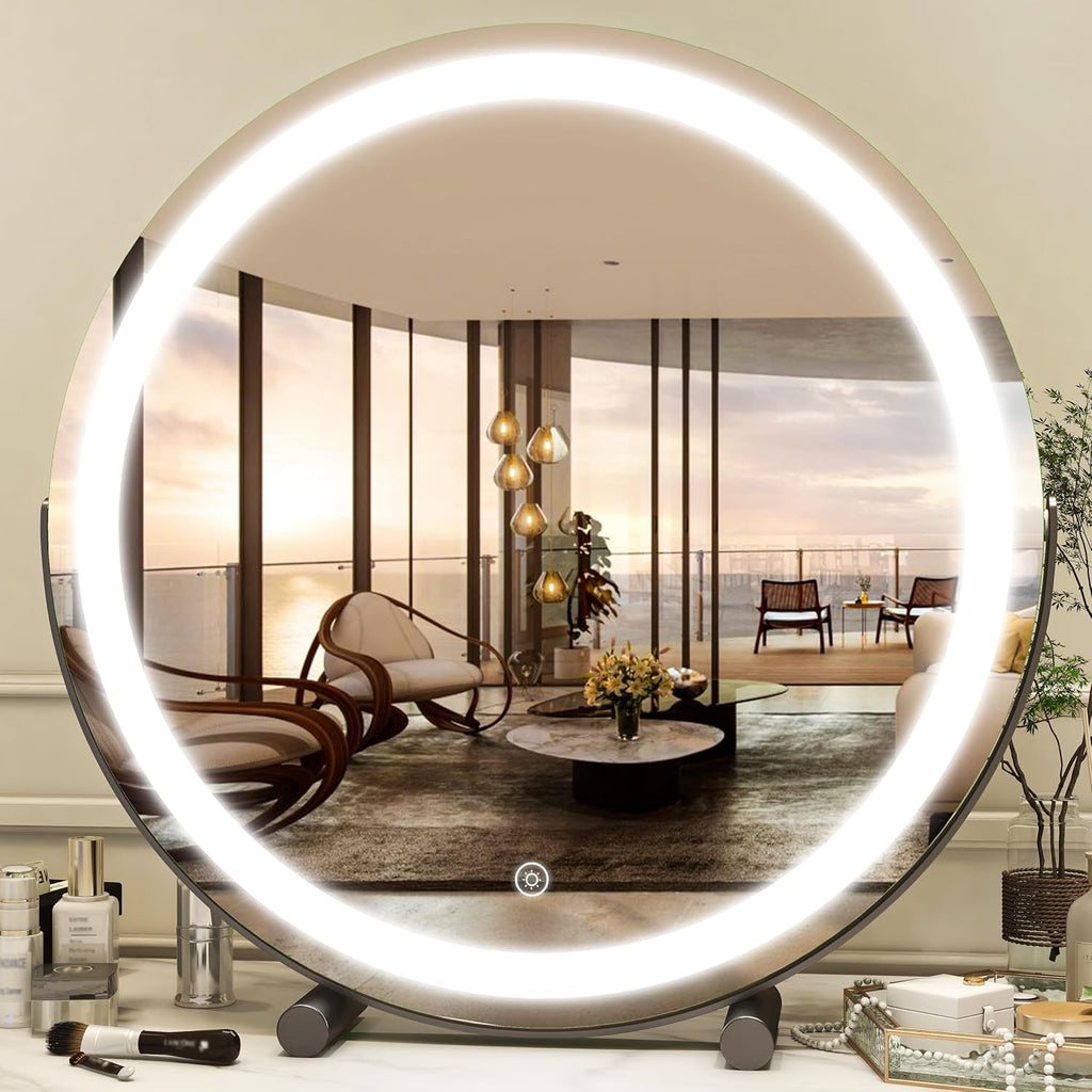 Gold Vanity Mirror, 12 Inch Makeup Mirror with Lights, Large Lighted Vanity Mirror, Light Up Mirror with Smart Touch 3 Colors Dimmable, Tabletop Mirror, 360° Rotation - Grand Goldman