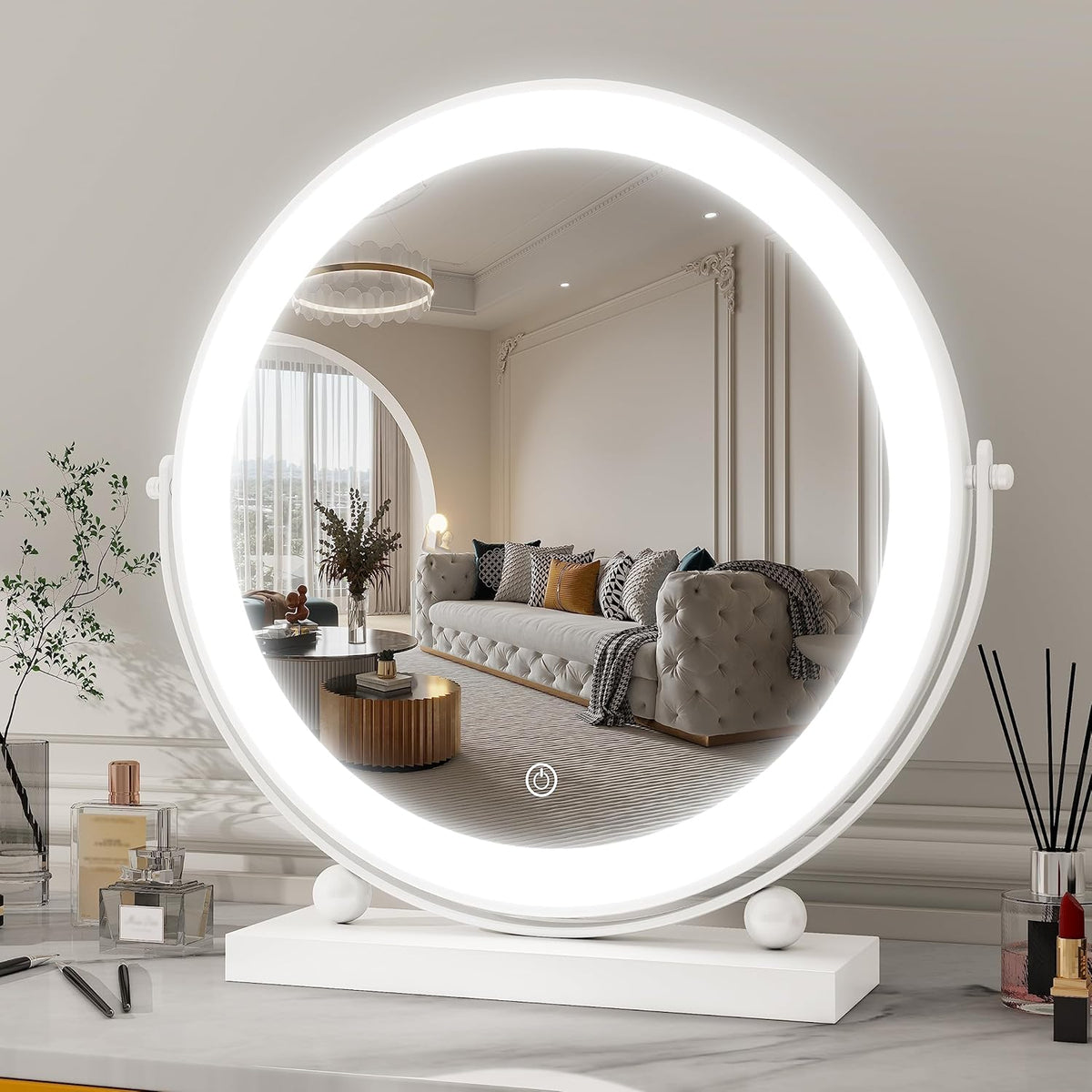 Gold Vanity Mirror, 12 Inch Makeup Mirror with Lights, Large Lighted Vanity Mirror, Light Up Mirror with Smart Touch 3 Colors Dimmable, Tabletop Mirror, 360° Rotation - Grand Goldman