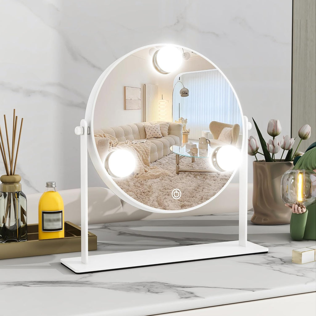 Gold Vanity Mirror, 12 Inch Makeup Mirror with Lights, Large Lighted Vanity Mirror, Light Up Mirror with Smart Touch 3 Colors Dimmable, Tabletop Mirror, 360° Rotation - Grand Goldman