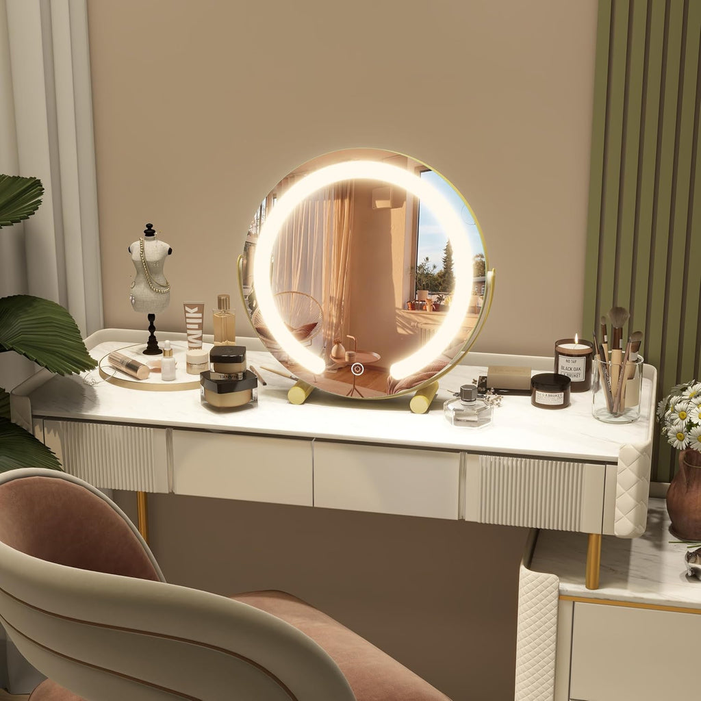 Gold Vanity Mirror, 12 Inch Makeup Mirror with Lights, Large Lighted Vanity Mirror, Light Up Mirror with Smart Touch 3 Colors Dimmable, Tabletop Mirror, 360° Rotation - Grand Goldman