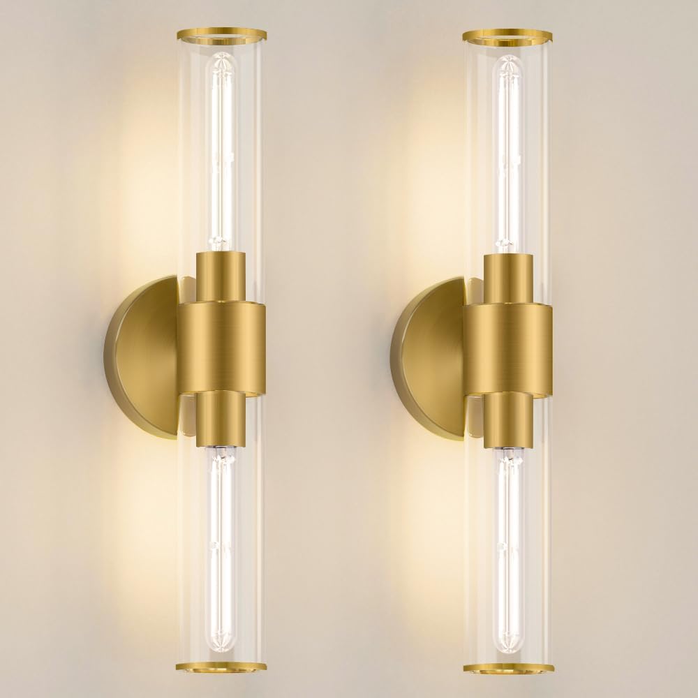 Gold Wall Sconces Set of 2, Brass Bathroom Sconce Wall Lighting, Bathroom Wall Vanity Light Fixture, Modern Wall Light Set of Two, Indoor Wall Lamp for Mirror, Cylinder Sconce for Bathroom Bedroom - Grand Goldman