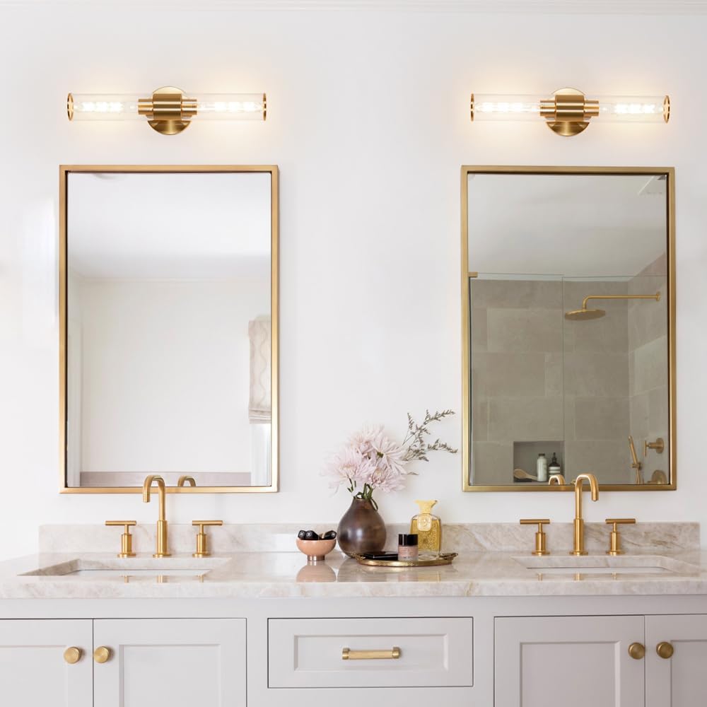 Gold Wall Sconces Set of 2, Brass Bathroom Sconce Wall Lighting, Bathroom Wall Vanity Light Fixture, Modern Wall Light Set of Two, Indoor Wall Lamp for Mirror, Cylinder Sconce for Bathroom Bedroom - Grand Goldman