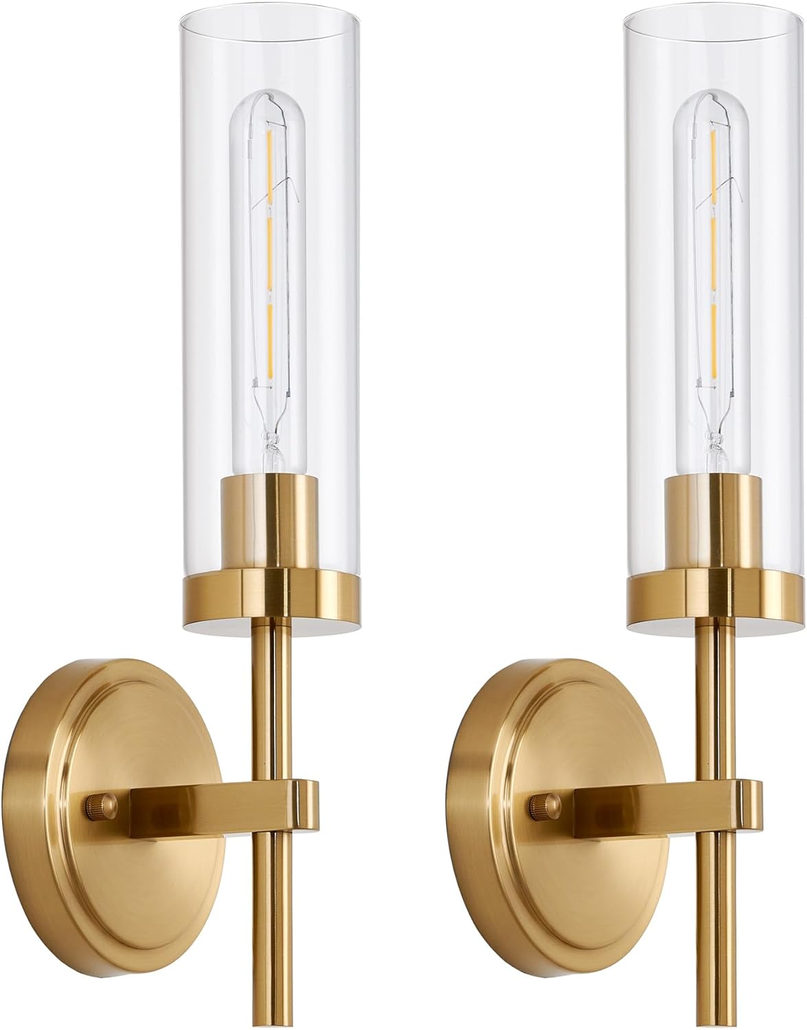 Gold Wall Sconces Set of 2, Modern Bathroom Sconces Wall Lighting Vanity Light Fixtures with Clear Glass, Brushed Brass Wall Mount Lights for Living Room Corridor Mirror Bedroom Stairs - Grand Goldman