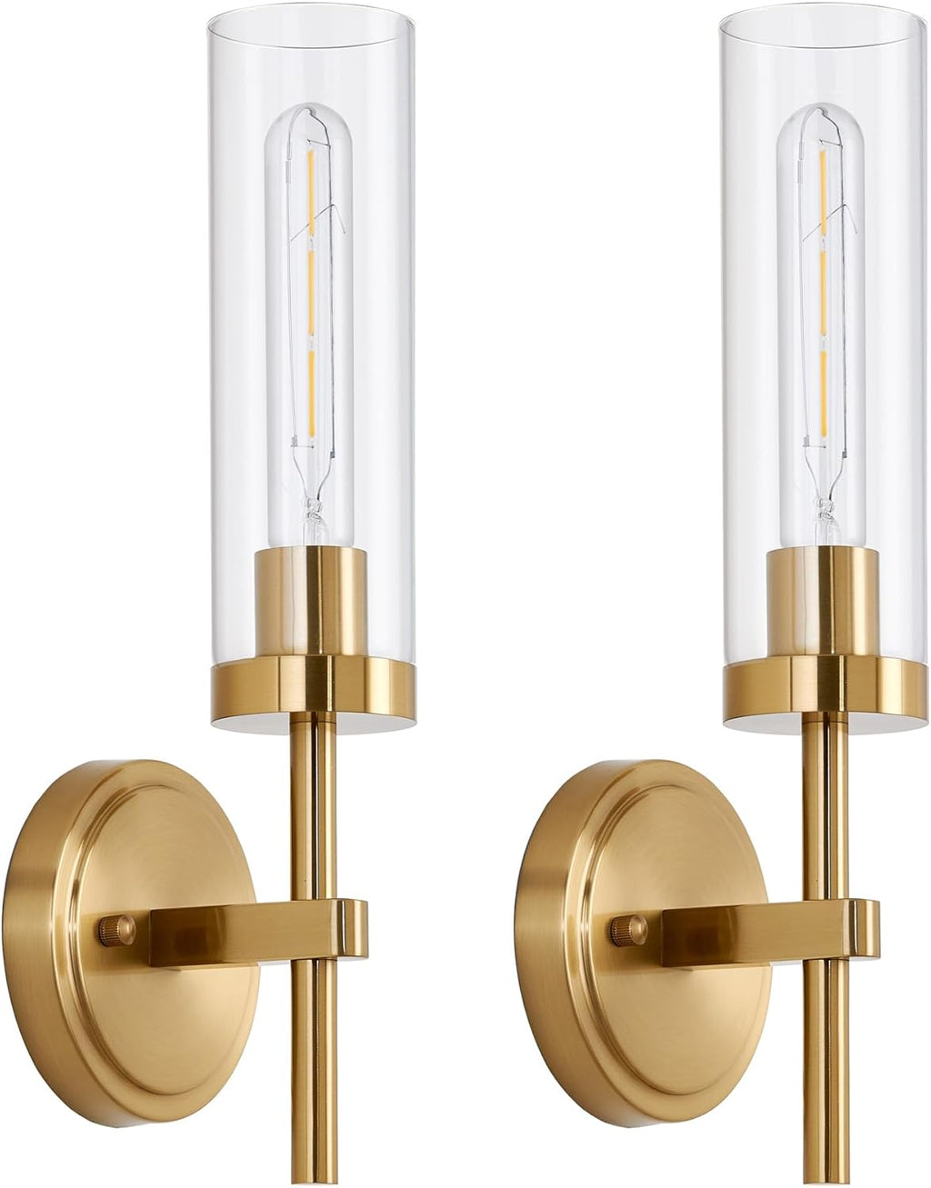Gold Wall Sconces Set of 2, Modern Bathroom Sconces Wall Lighting Vanity Light Fixtures with Clear Glass, Brushed Brass Wall Mount Lights for Living Room Corridor Mirror Bedroom Stairs - Grand Goldman