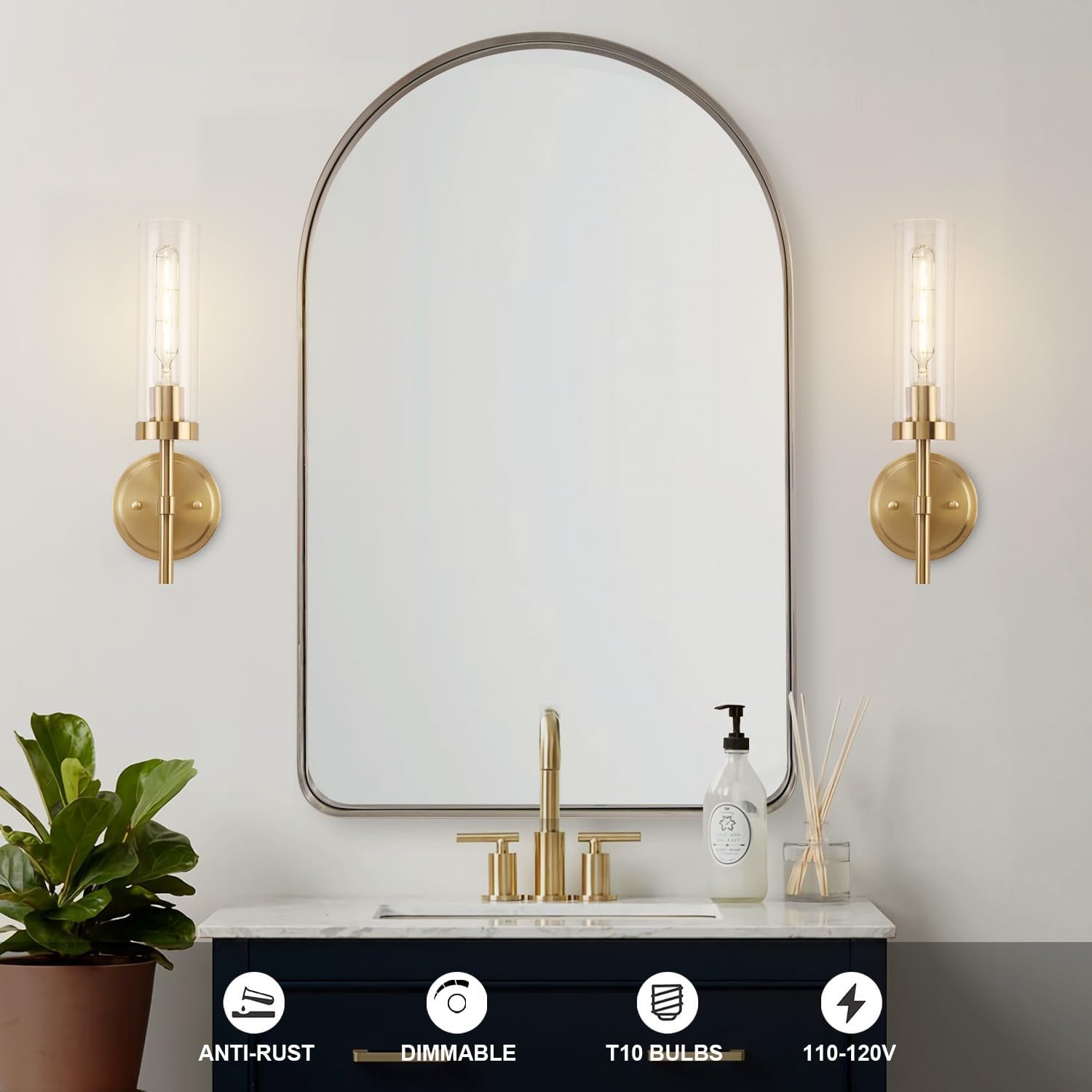 Gold Wall Sconces Set of 2, Modern Bathroom Sconces Wall Lighting Vanity Light Fixtures with Clear Glass, Brushed Brass Wall Mount Lights for Living Room Corridor Mirror Bedroom Stairs - Grand Goldman