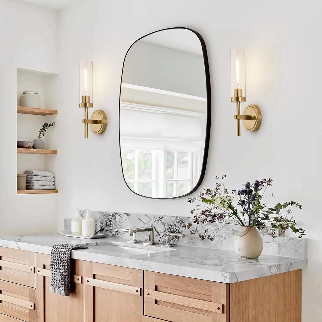 Gold Wall Sconces Set of 2, Modern Bathroom Sconces Wall Lighting Vanity Light Fixtures with Clear Glass, Brushed Brass Wall Mount Lights for Living Room Corridor Mirror Bedroom Stairs - Grand Goldman