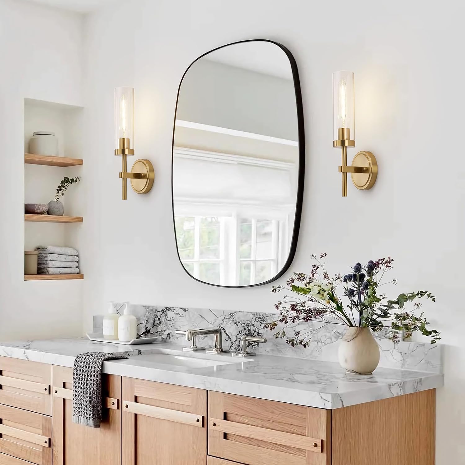 Gold Wall Sconces Set of 2, Modern Bathroom Sconces Wall Lighting Vanity Light Fixtures with Clear Glass, Brushed Brass Wall Mount Lights for Living Room Corridor Mirror Bedroom Stairs - Grand Goldman