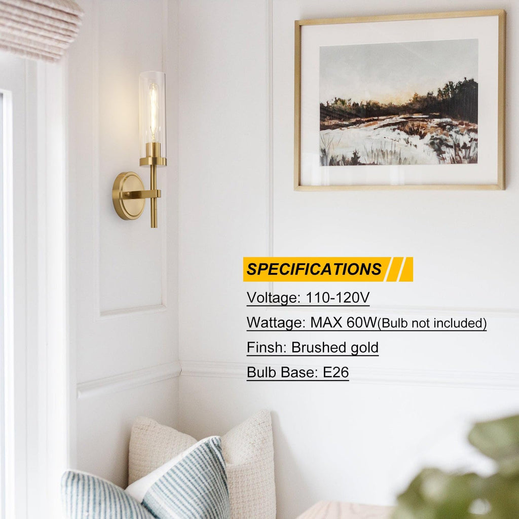 Gold Wall Sconces Set of 2, Modern Bathroom Sconces Wall Lighting Vanity Light Fixtures with Clear Glass, Brushed Brass Wall Mount Lights for Living Room Corridor Mirror Bedroom Stairs - Grand Goldman