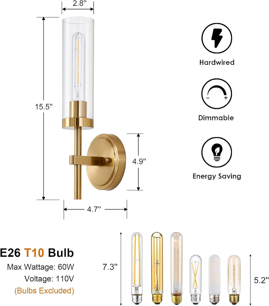 Gold Wall Sconces Set of 2, Modern Bathroom Sconces Wall Lighting Vanity Light Fixtures with Clear Glass, Brushed Brass Wall Mount Lights for Living Room Corridor Mirror Bedroom Stairs - Grand Goldman