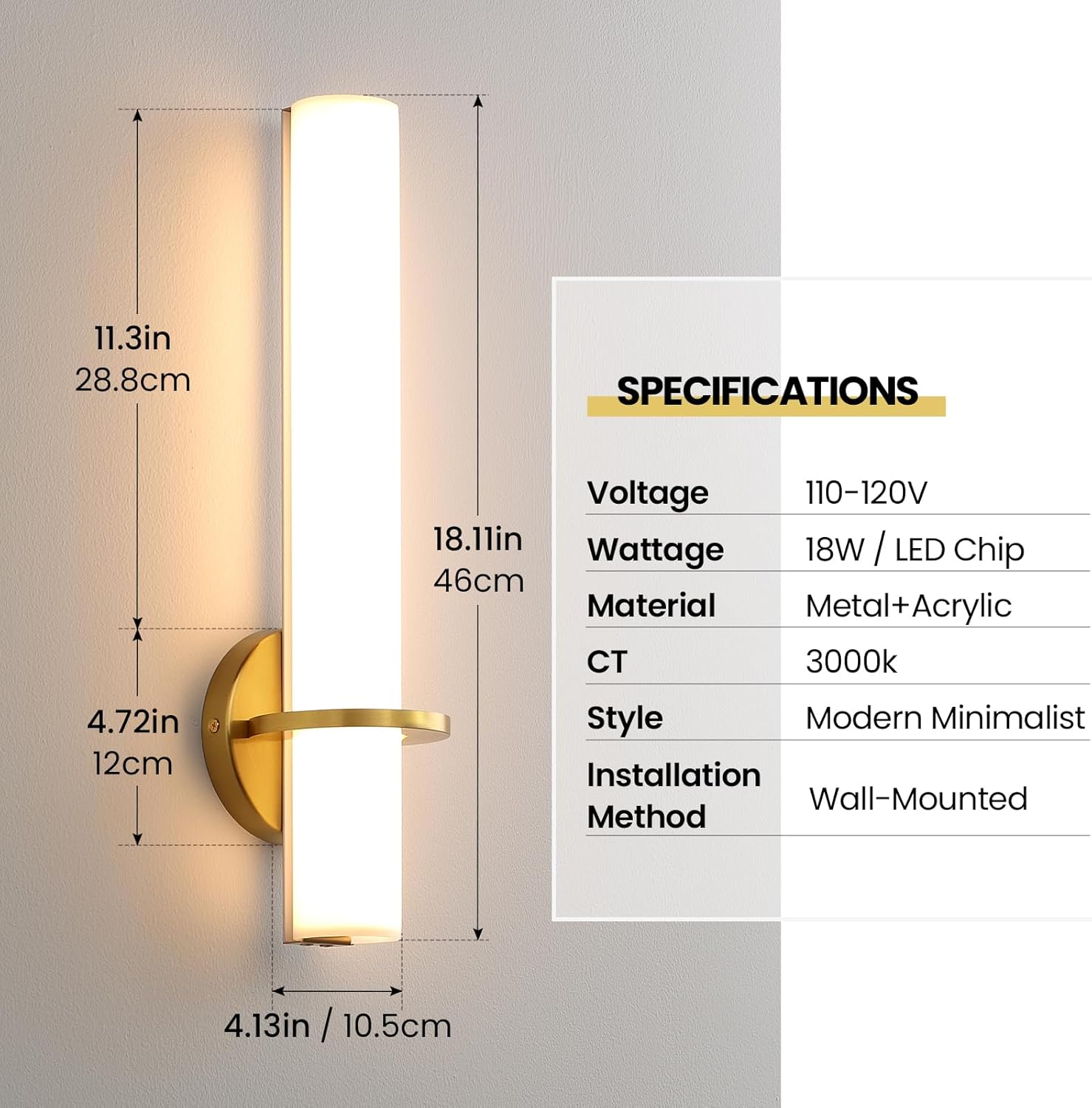 Gold Wall Sconces Set of Two - Dimmable Modern Sconces Wall Lighting 18W 3000K Led Wall Lights Acrylic Lampshade Hardwired Wall Light Fixtures for Living Room Bedroom Bathroom Hallway - Grand Goldman