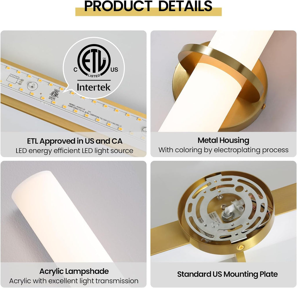 Gold Wall Sconces Set of Two - Dimmable Modern Sconces Wall Lighting 18W 3000K Led Wall Lights Acrylic Lampshade Hardwired Wall Light Fixtures for Living Room Bedroom Bathroom Hallway - Grand Goldman