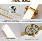 Gold Wall Sconces Set of Two - Dimmable Modern Sconces Wall Lighting 18W 3000K Led Wall Lights Acrylic Lampshade Hardwired Wall Light Fixtures for Living Room Bedroom Bathroom Hallway - Grand Goldman