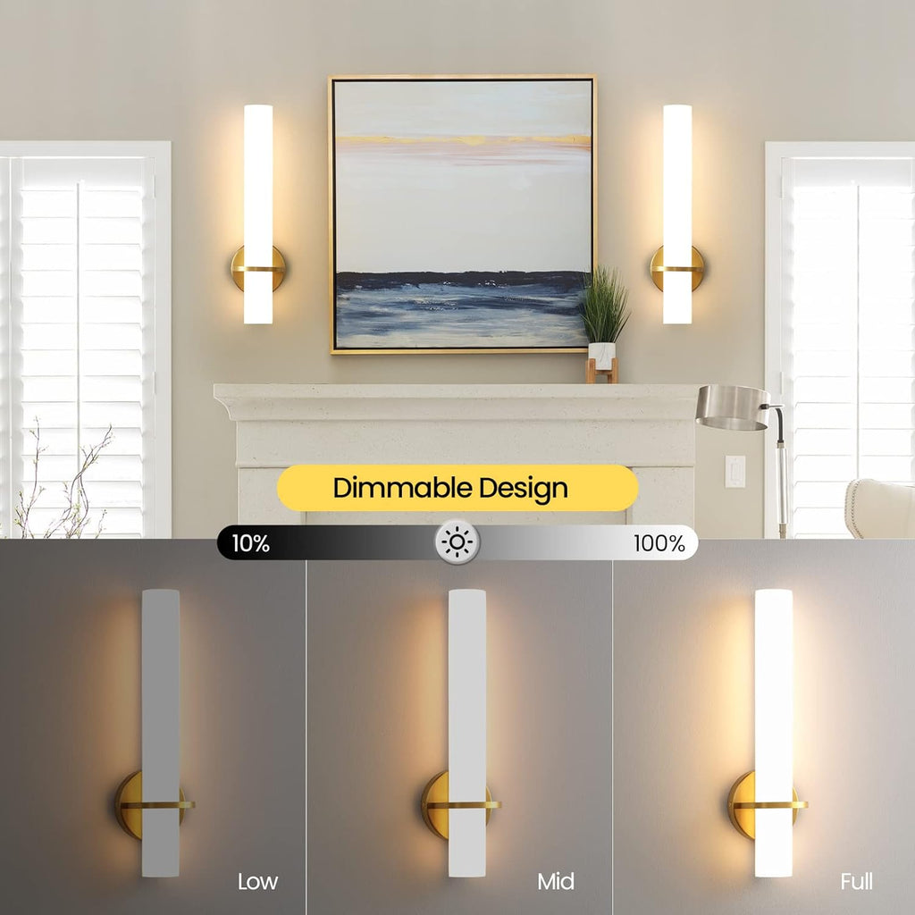 Gold Wall Sconces Set of Two - Dimmable Modern Sconces Wall Lighting 18W 3000K Led Wall Lights Acrylic Lampshade Hardwired Wall Light Fixtures for Living Room Bedroom Bathroom Hallway - Grand Goldman