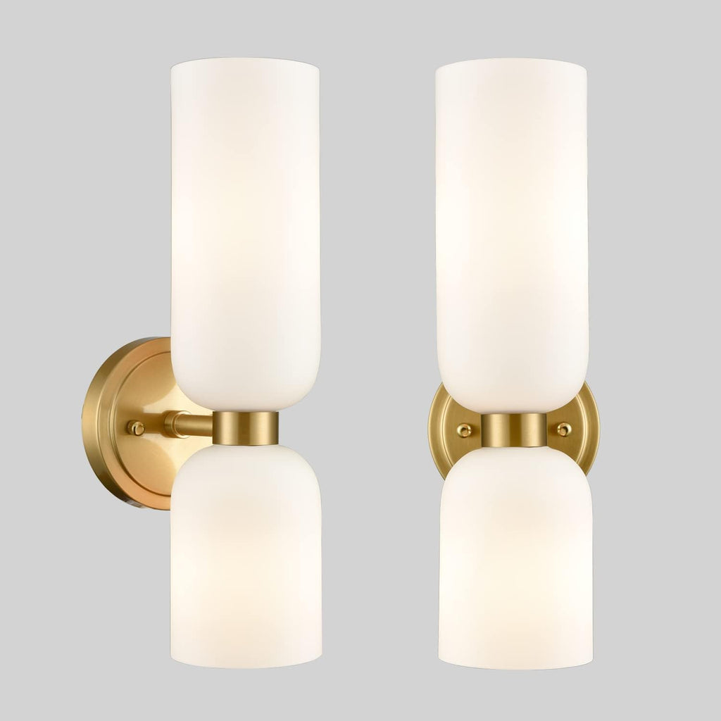 Gold Wall Sconces Set of Two 2-Light Modern Wall Light Bathroom Vanity Light Milky White Glass - Grand Goldman