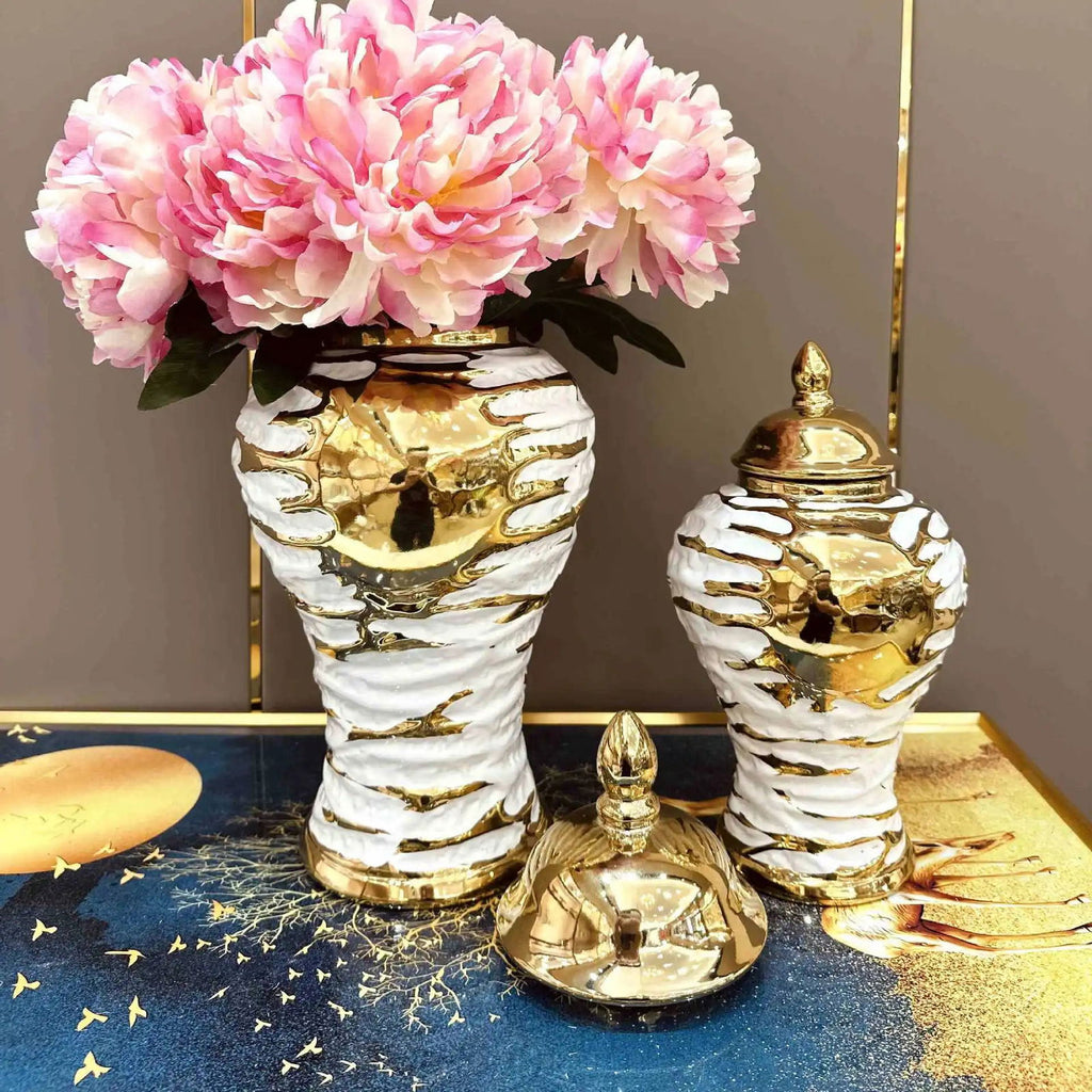 Gold and White Grain Pottery Jar General Can Storage Tank Ginger Jar Flower Vase Ceramic Ornament Home Decoration Accessories - Grand Goldman