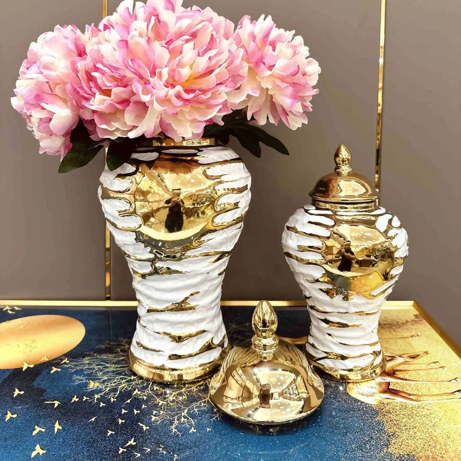 Gold and White Grain Pottery Jar General Can Storage Tank Ginger Jar Flower Vase Ceramic Ornament Home Decoration Accessories - Grand Goldman