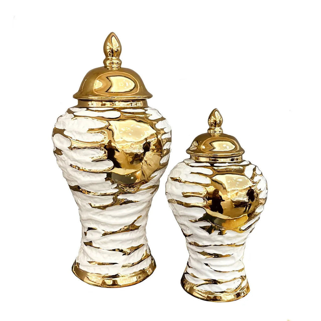 Gold and White Grain Pottery Jar General Can Storage Tank Ginger Jar Flower Vase Ceramic Ornament Home Decoration Accessories - Grand Goldman
