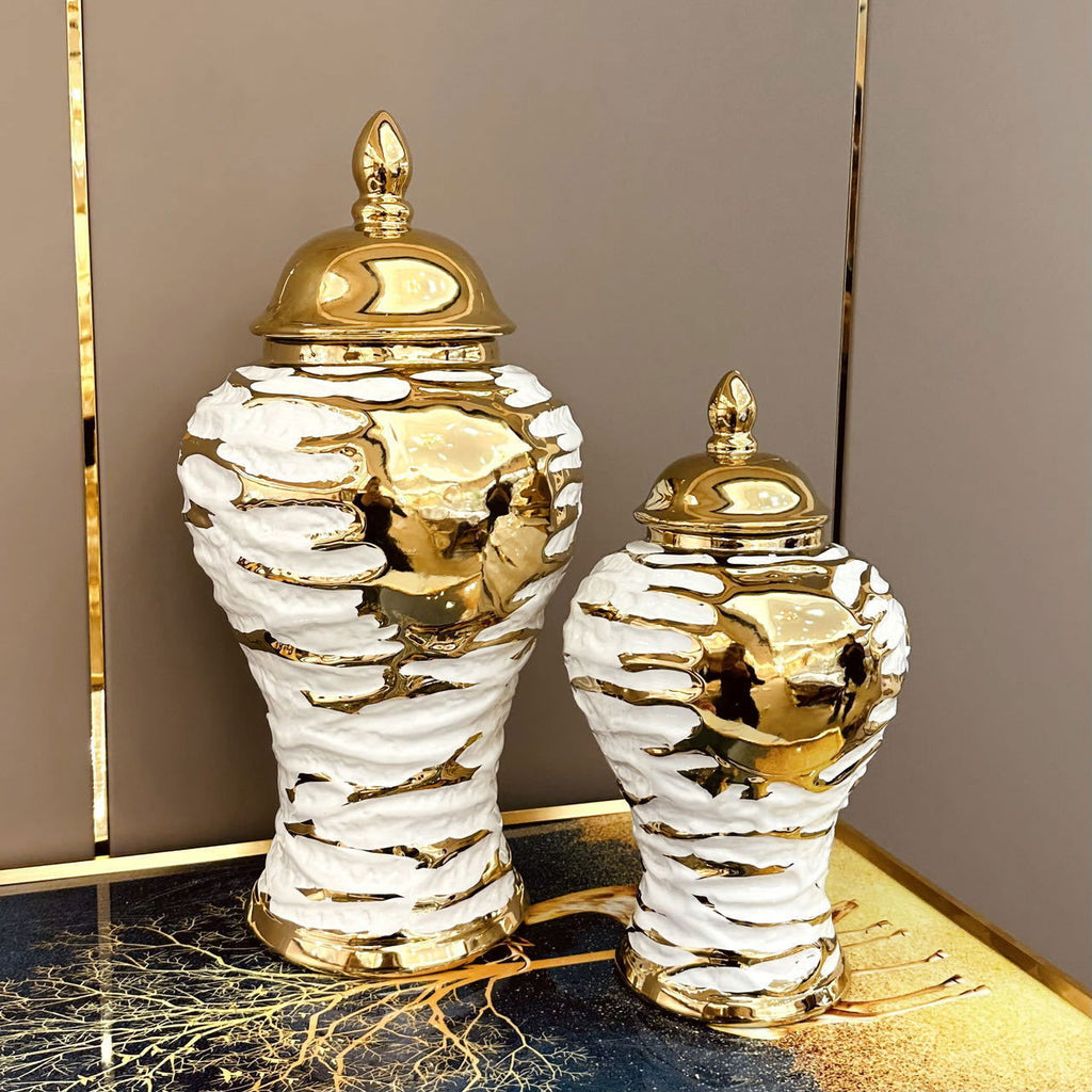 Gold and White Grain Pottery Jar General Can Storage Tank Ginger Jar Flower Vase Ceramic Ornament Home Decoration Accessories - Grand Goldman