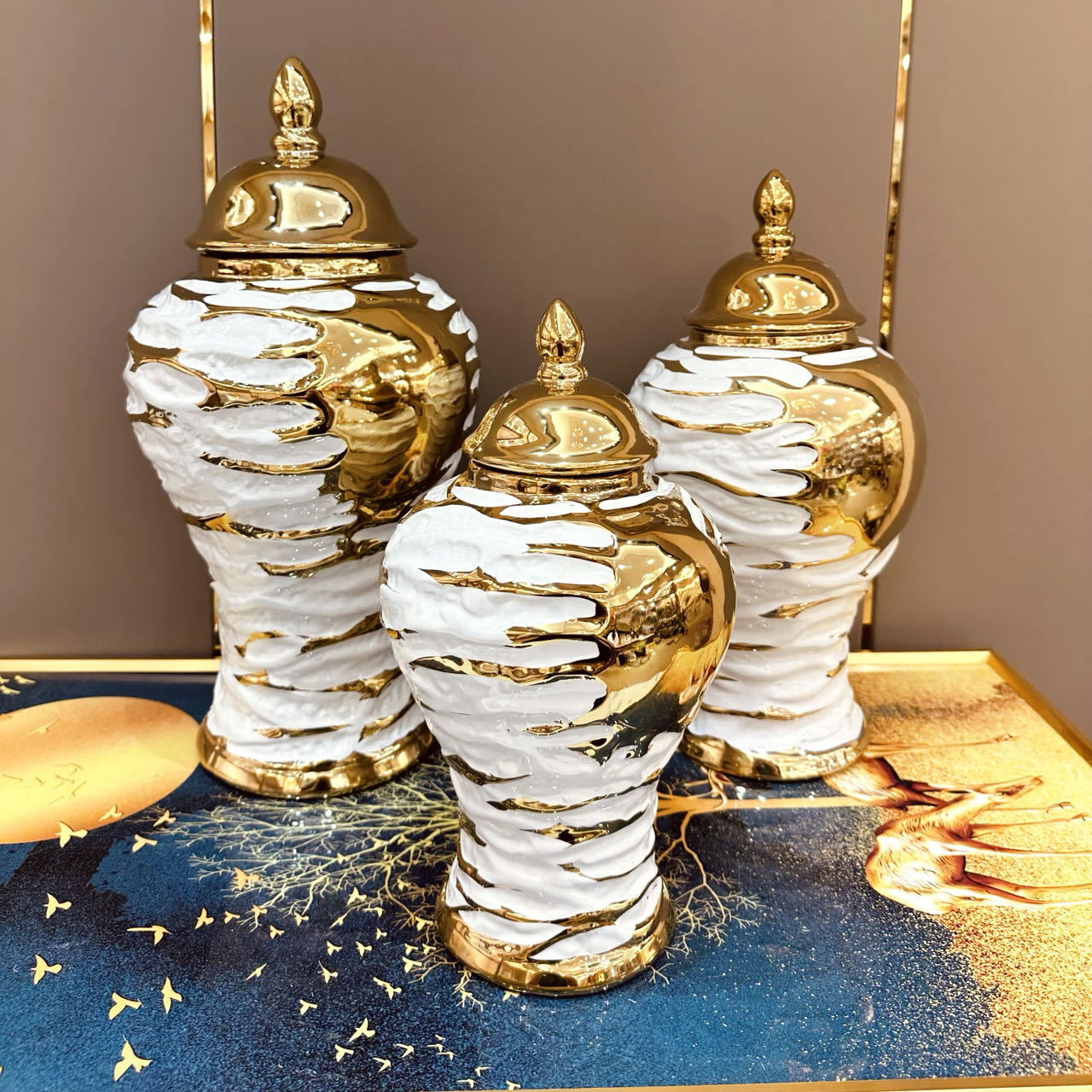 Gold and White Grain Pottery Jar General Can Storage Tank Ginger Jar Flower Vase Ceramic Ornament Home Decoration Accessories - Grand Goldman