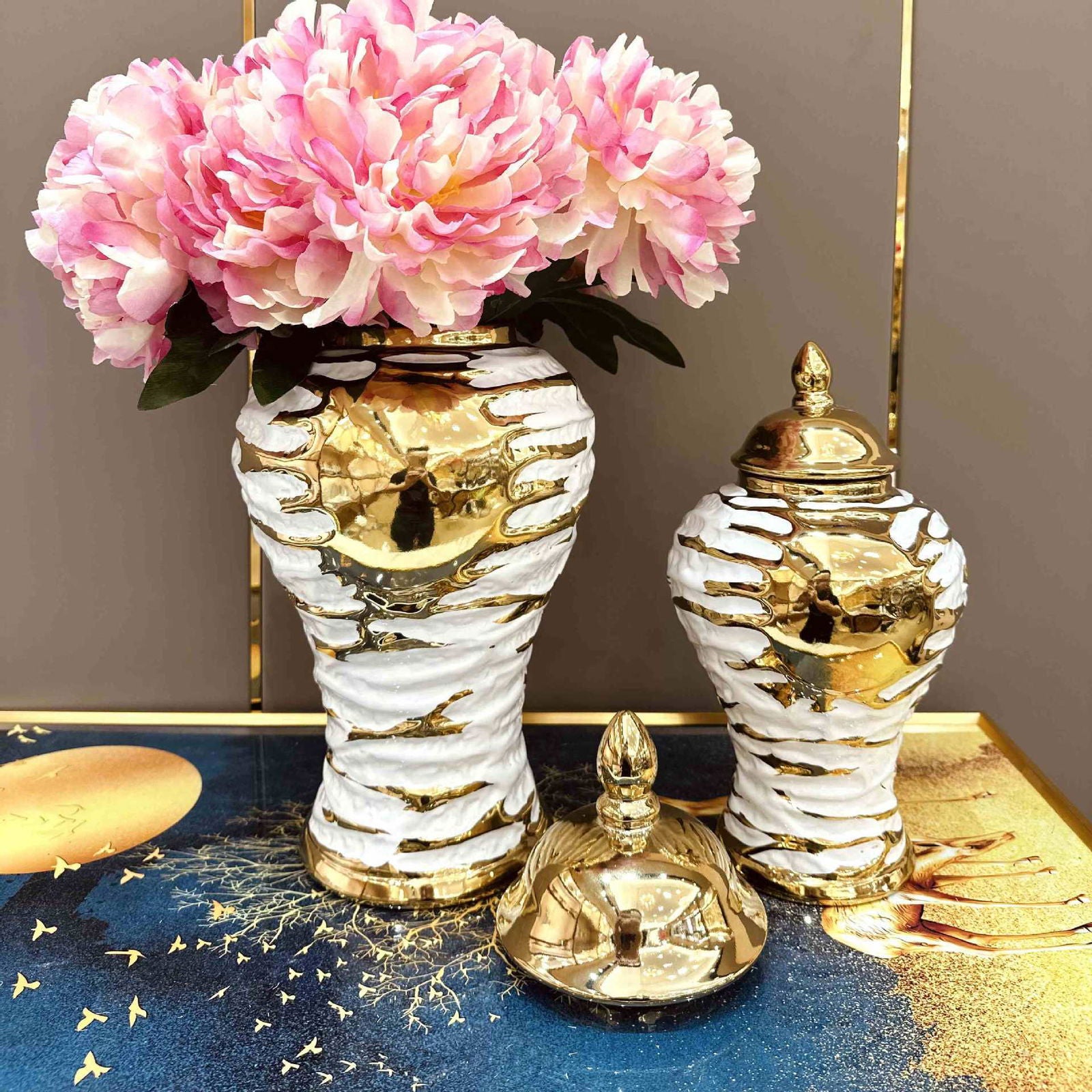 Gold and White Grain Pottery Jar General Can Storage Tank Ginger Jar Flower Vase Ceramic Ornament Home Decoration Accessories - Grand Goldman