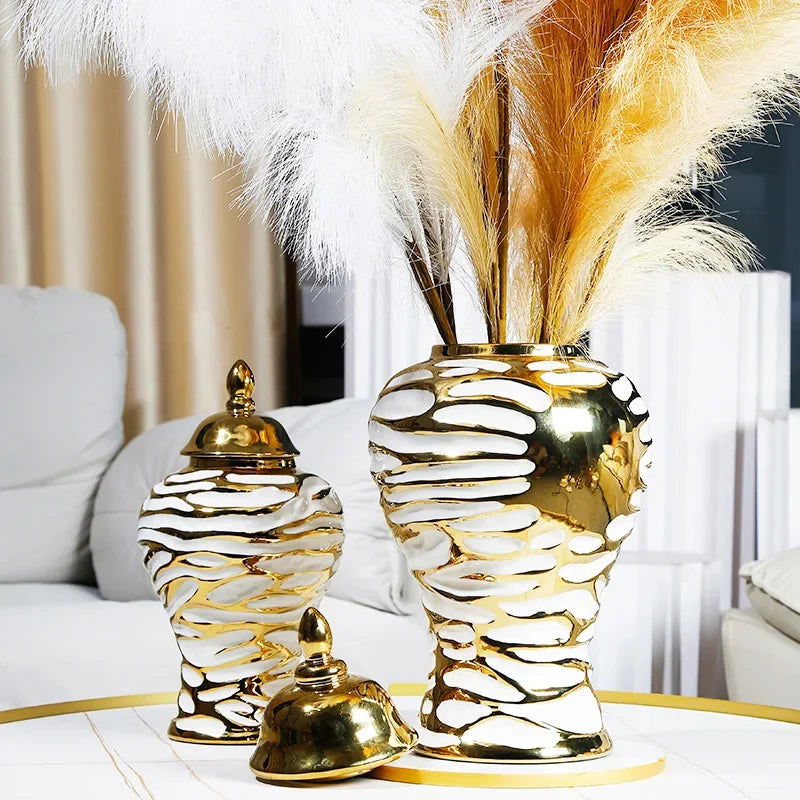 Golden Ceramic General Jar Ginger Cans Storage Tanks Decorative Bottles Flower Vase Chinese Retro Ornaments Home Decoration - Grand Goldman