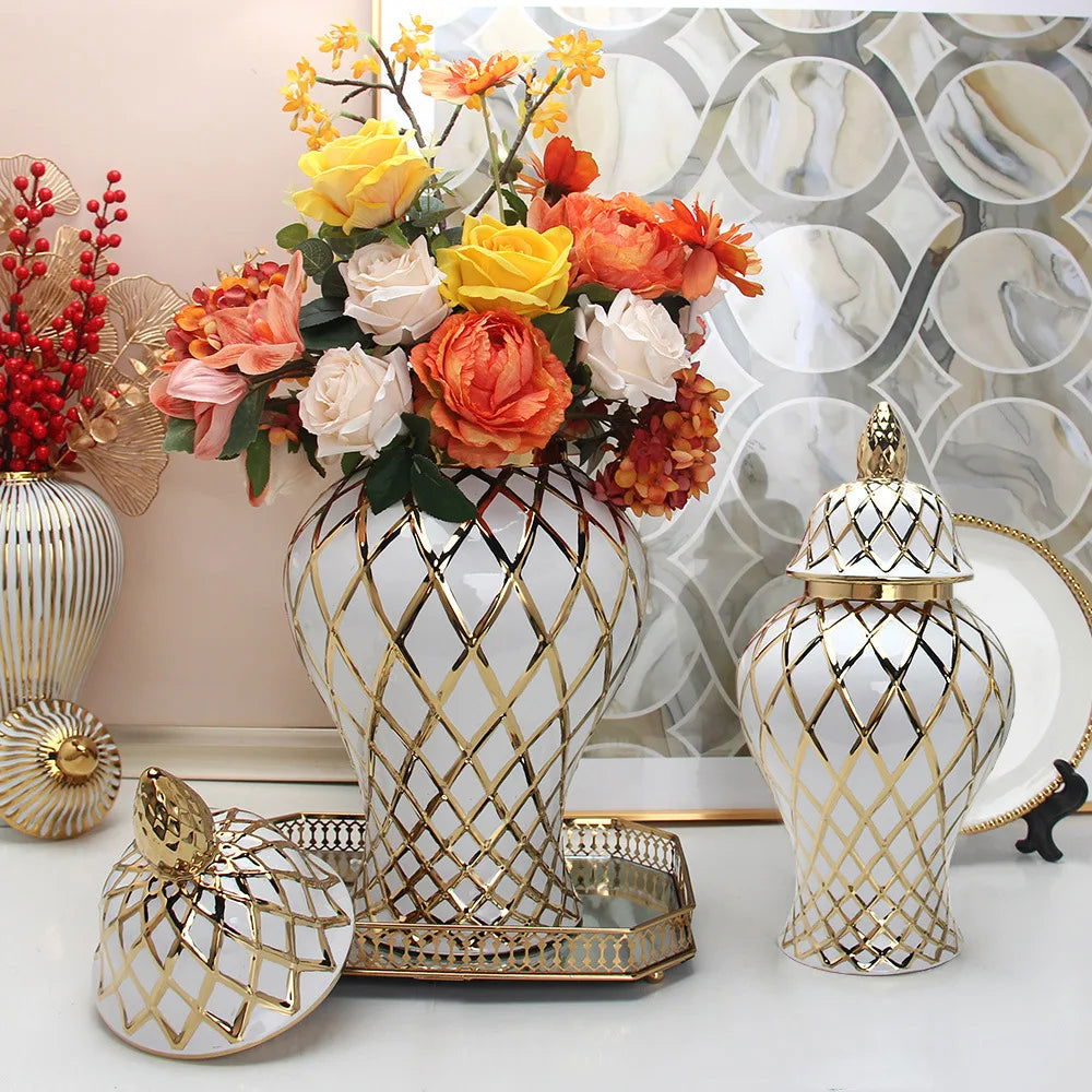Golden Ceramic General Jar Gold Grid Pattern Ginger Jar Porcelain Storage Tank Handicraft Ornaments Decorative Accessories - Grand Goldman