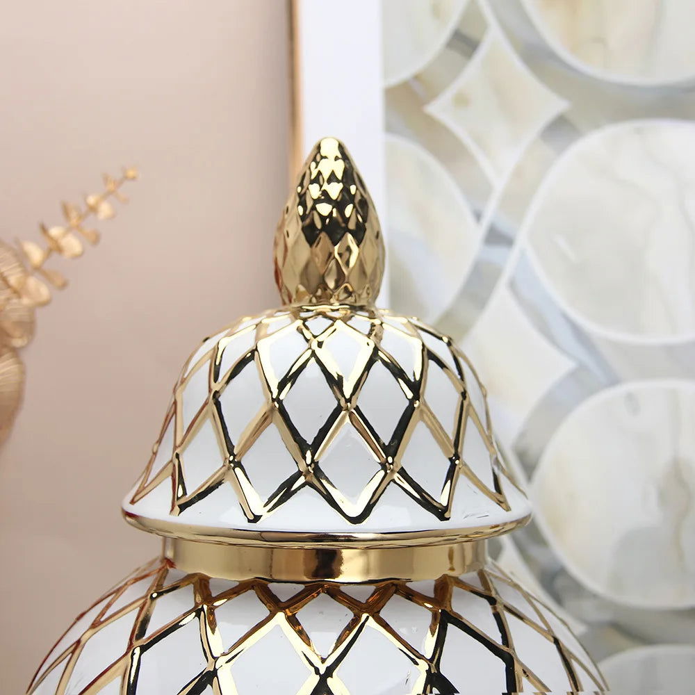 Golden Ceramic General Jar Gold Grid Pattern Ginger Jar Porcelain Storage Tank Handicraft Ornaments Decorative Accessories - Grand Goldman