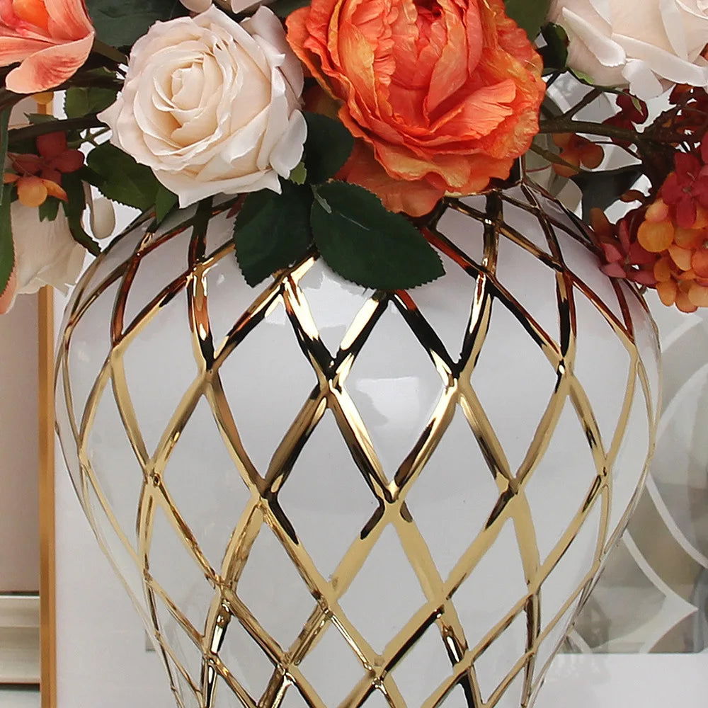 Golden Ceramic General Jar Gold Grid Pattern Ginger Jar Porcelain Storage Tank Handicraft Ornaments Decorative Accessories - Grand Goldman