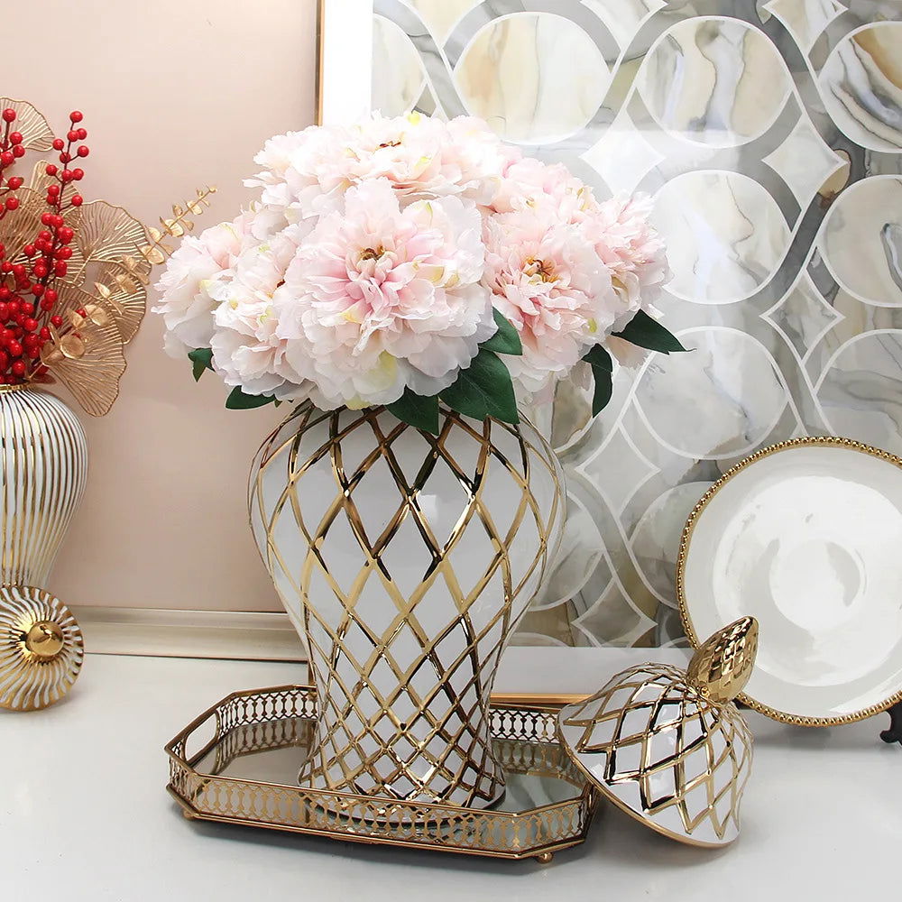 Golden Ceramic General Jar Gold Grid Pattern Ginger Jar Porcelain Storage Tank Handicraft Ornaments Decorative Accessories - Grand Goldman